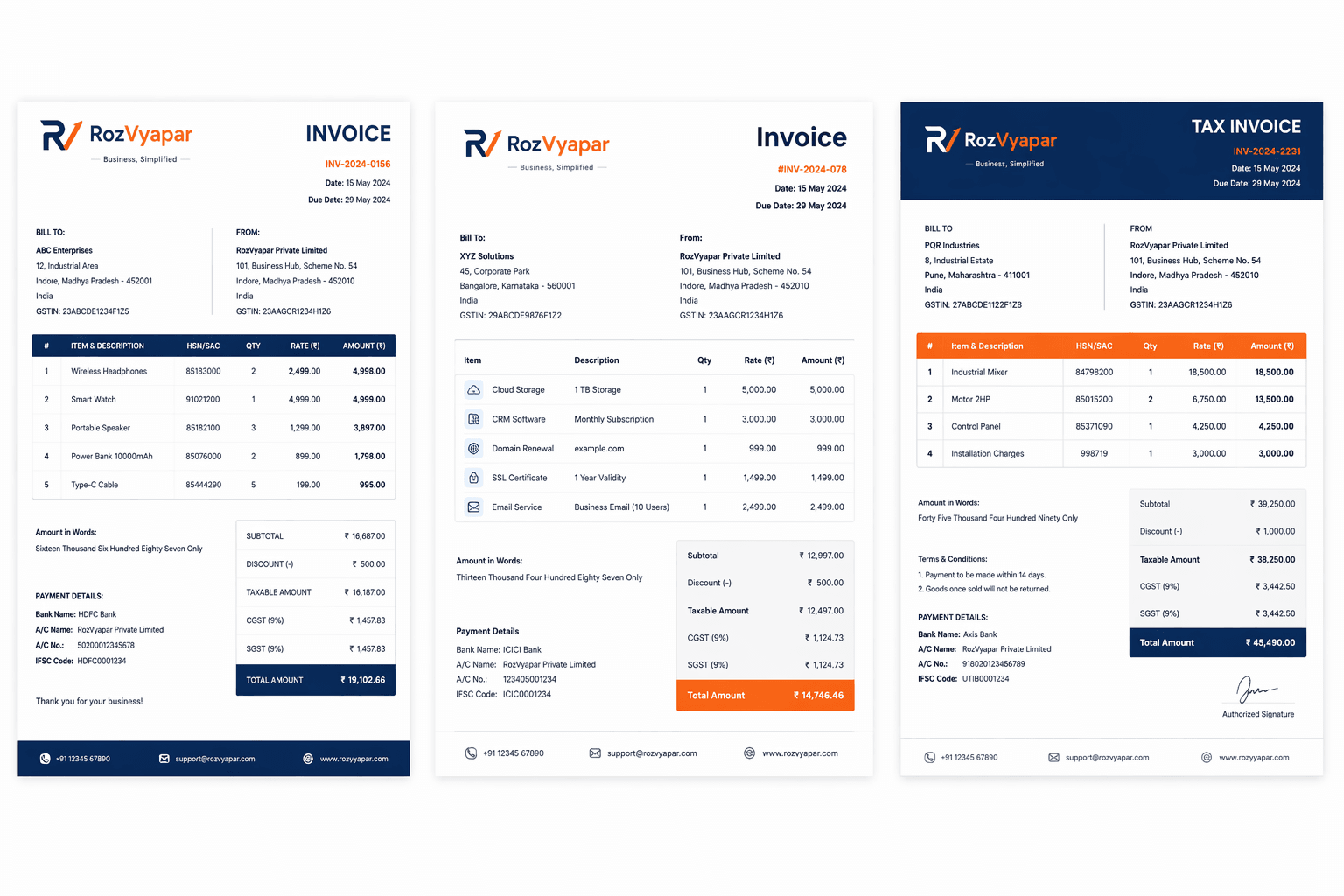 Customizable invoice design preview in RozVyapar